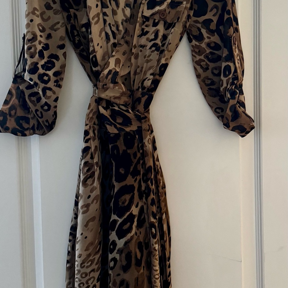 Tan and Brown Wrap Tie Front Dress with 3/4 Bishop Sleeves for Cocktail